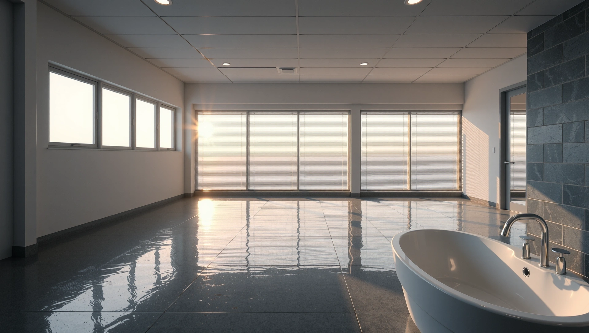 Moderní, čistý interiér s lesklými povrchy a velkými okny, symbolizující čistotu a svěžest.