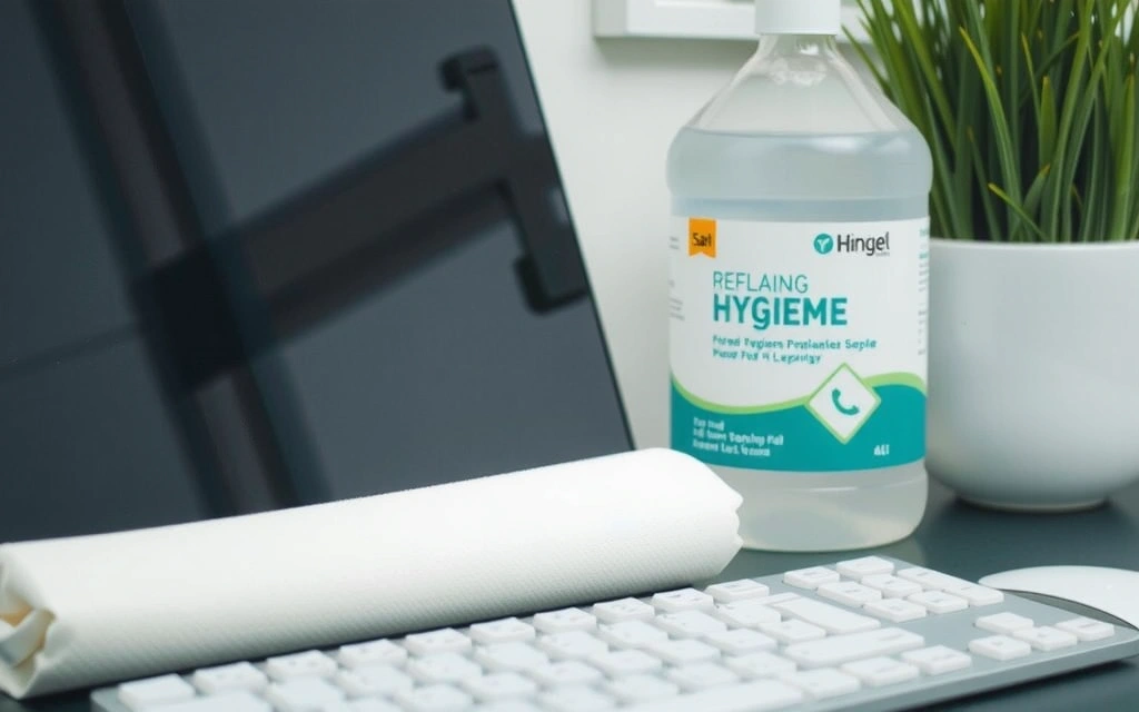 Obrázek blogového příspěvku o hygieně v kanceláři s dezinfekcí a klávesnicí
