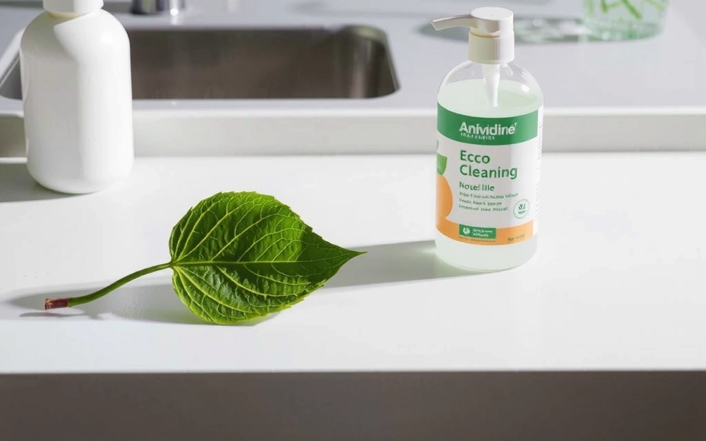 Obrázek blogového příspěvku o ekologickém úklidu s listem a lahví s čisticím prostředkem