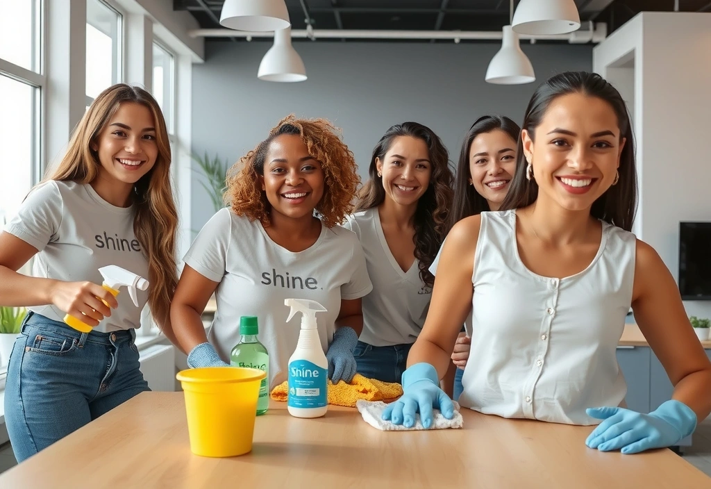 Usmívající se tým ShineLiving v akci, čistící moderní kancelářské prostory s ekologickými prostředky.