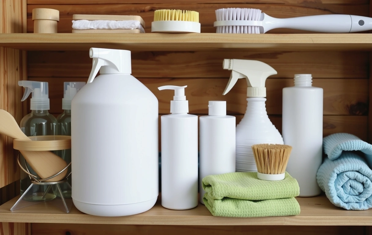 Detailní záběr na různé ekologické čisticí prostředky a pomůcky uspořádané na dřevěné polici. Láhve, kartáče, utěrky. Světlá, moderní estetika.