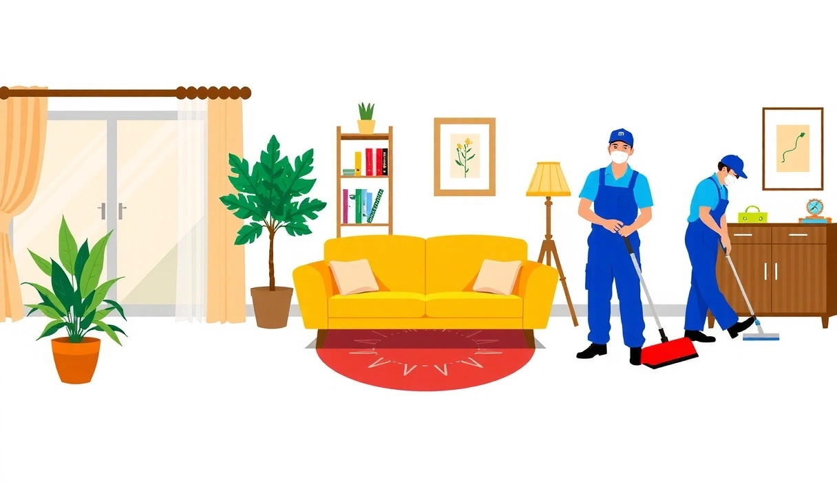 Ilustrace různých typů úklidu znázorňující čisté domácnosti, kanceláře a specialisty na úklid