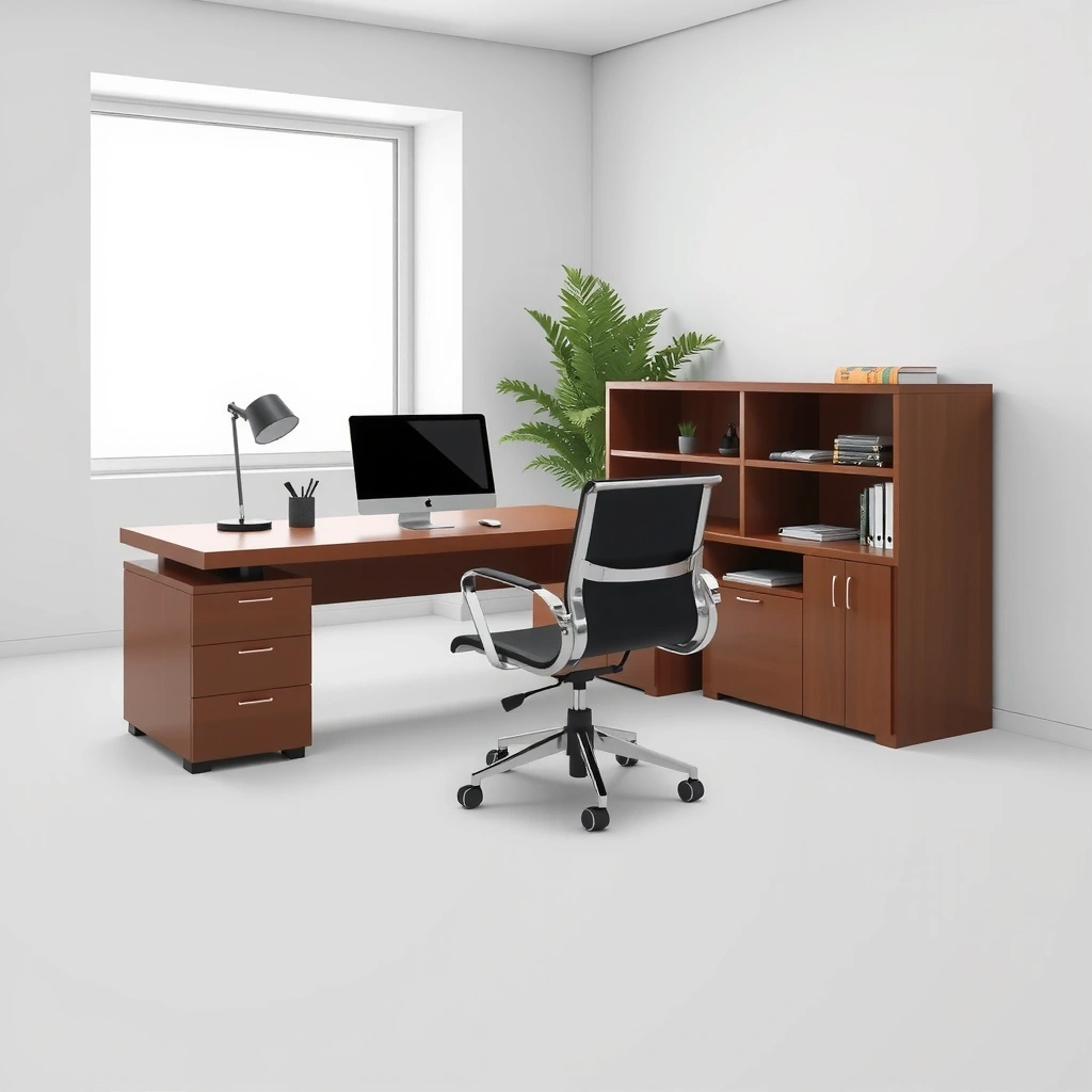 Moderní, čistá kancelář s velkými okny a pracovním stolem