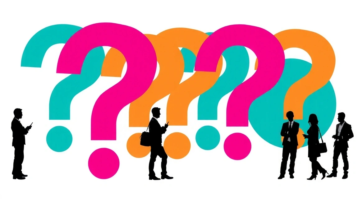 Ilustrace otazníků a lidí diskutujících o úklidových službách